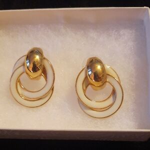 Gold and White Circle Drop Earrings